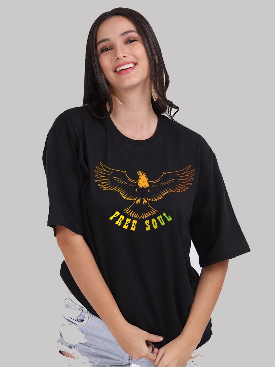 Mad Over Print Women Black Cotton Printed Loose T-shirt