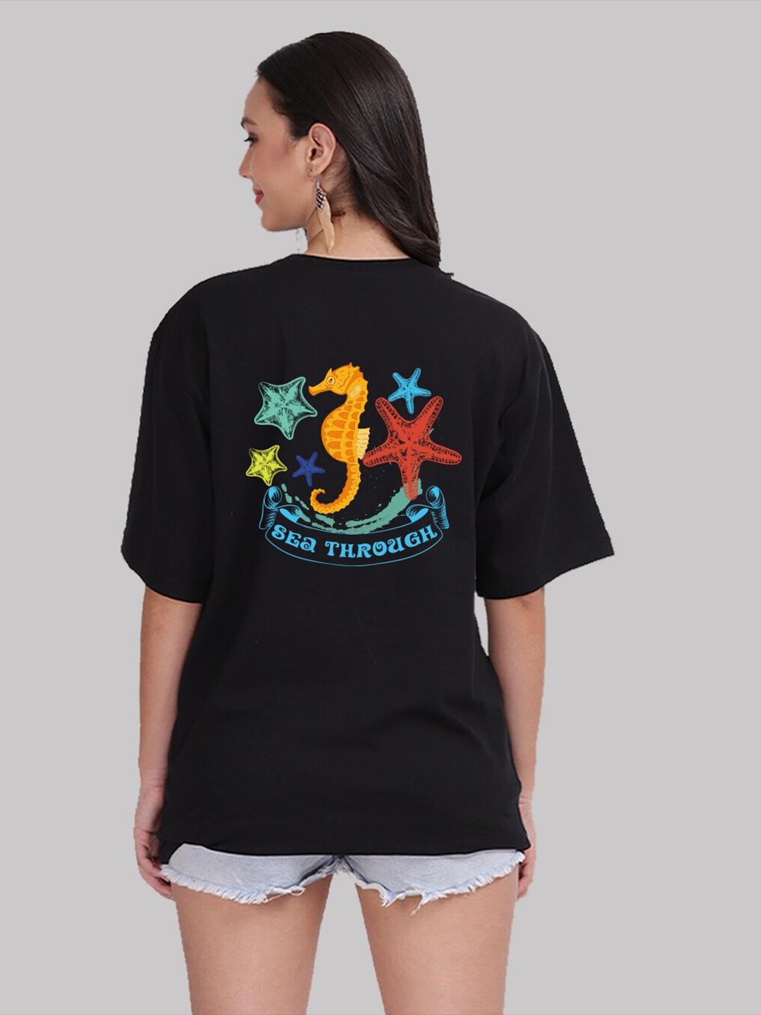 Mad Over Print Women Black Cotton Printed Loose T-shirt
