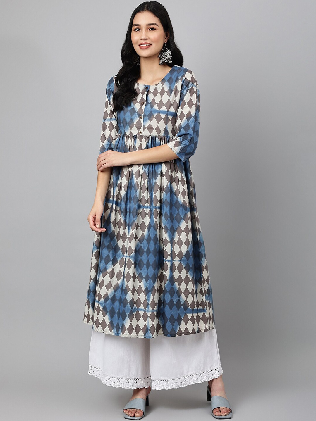 Ashlee Women Beige & Blue Printed Cotton Kurta