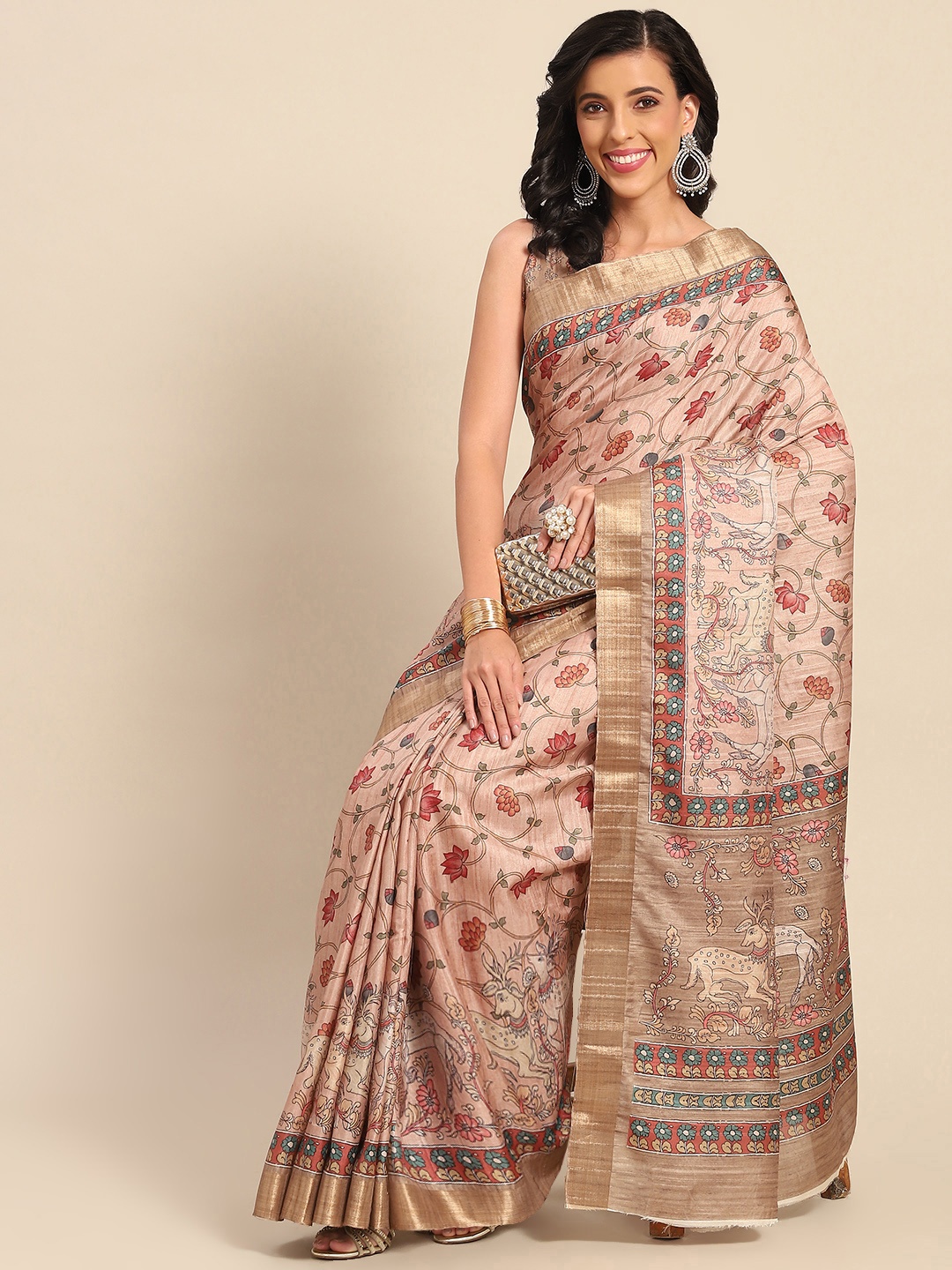 SHANGRILA Peach-Coloured & Multicoloured Floral Mysore Silk Saree