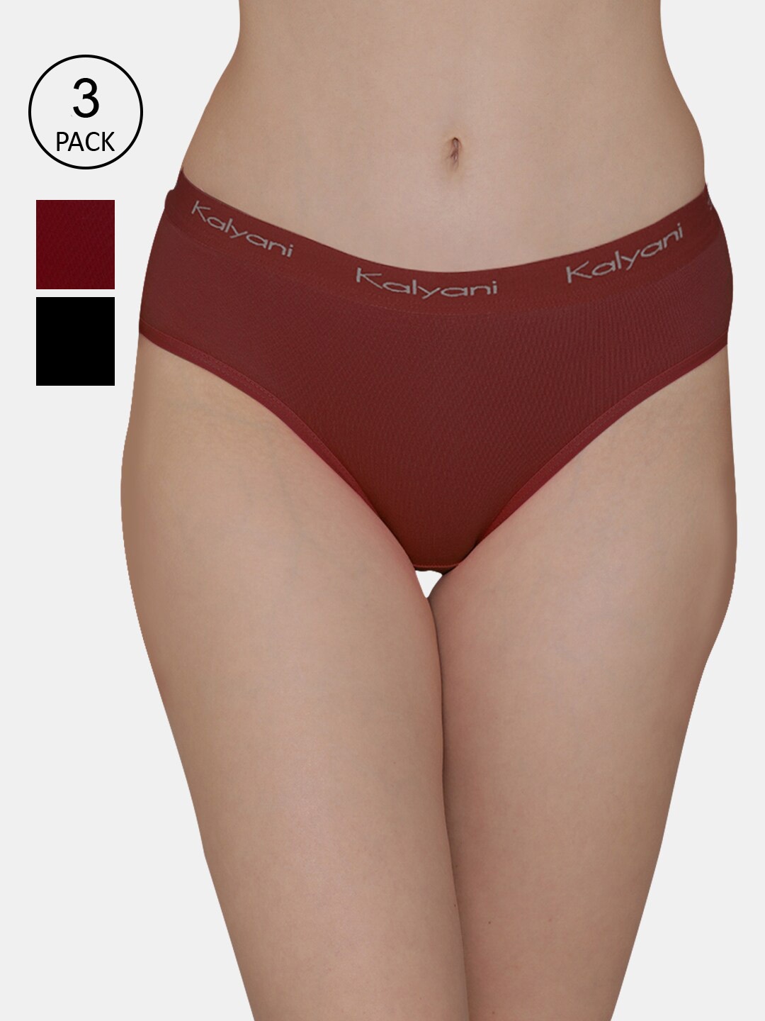 Kalyani Women Pack Of 3 Maroon & Black Solid Hipster Briefs