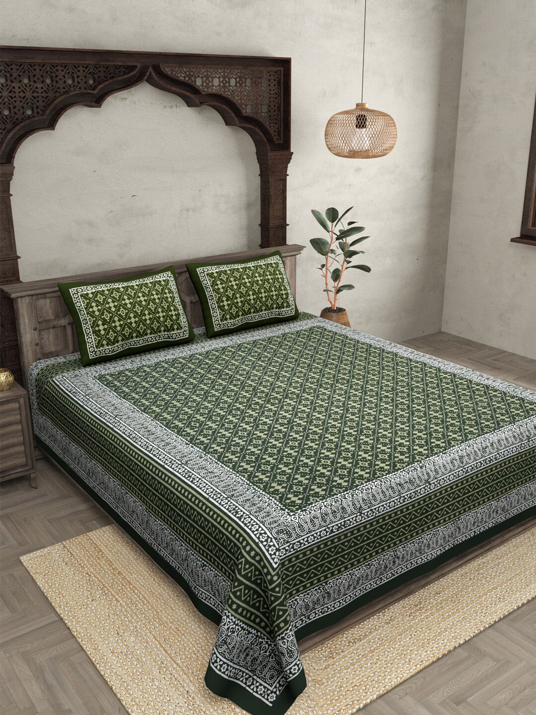 JAIPUR FABRIC Green & Off White Cotton Ethnic Motifs Queen Bedsheet with 2 Pillow Covers
JAIPUR FABRIC Green & Off White Cotton Ethnic Motifs Queen Bedsheet with 2 Pillow Covers