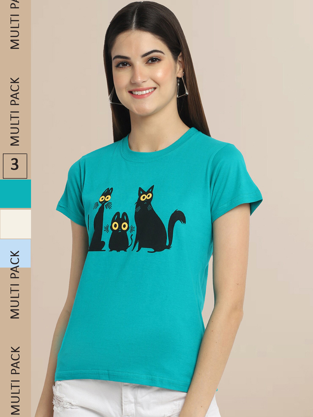 Fabflee Women Pack of 3 Printed Cotton T-shirt, Teal
Fabflee Women Pack of 3 Printed Cotton T-shirt, Teal