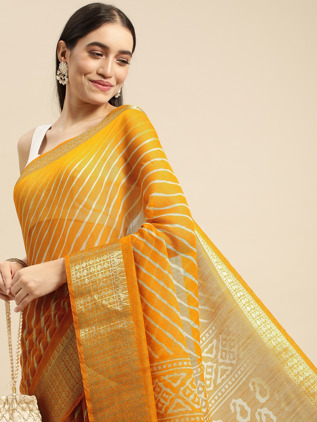RACHNA Yellow Leheriya Linen Blend Saree