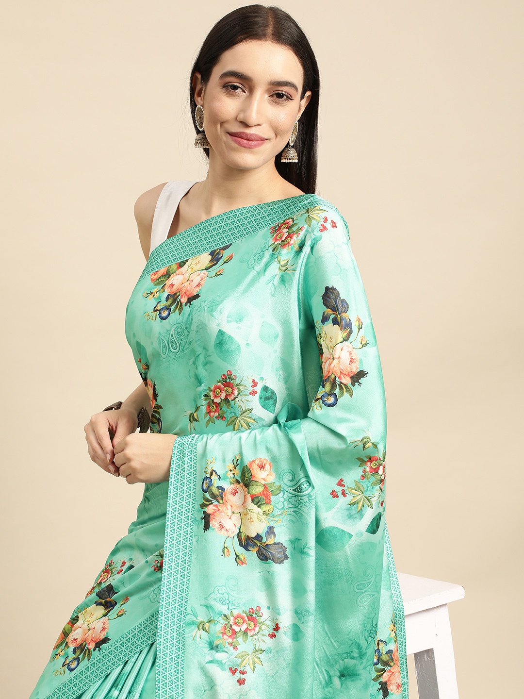 RACHNA Green Floral Satin Saree