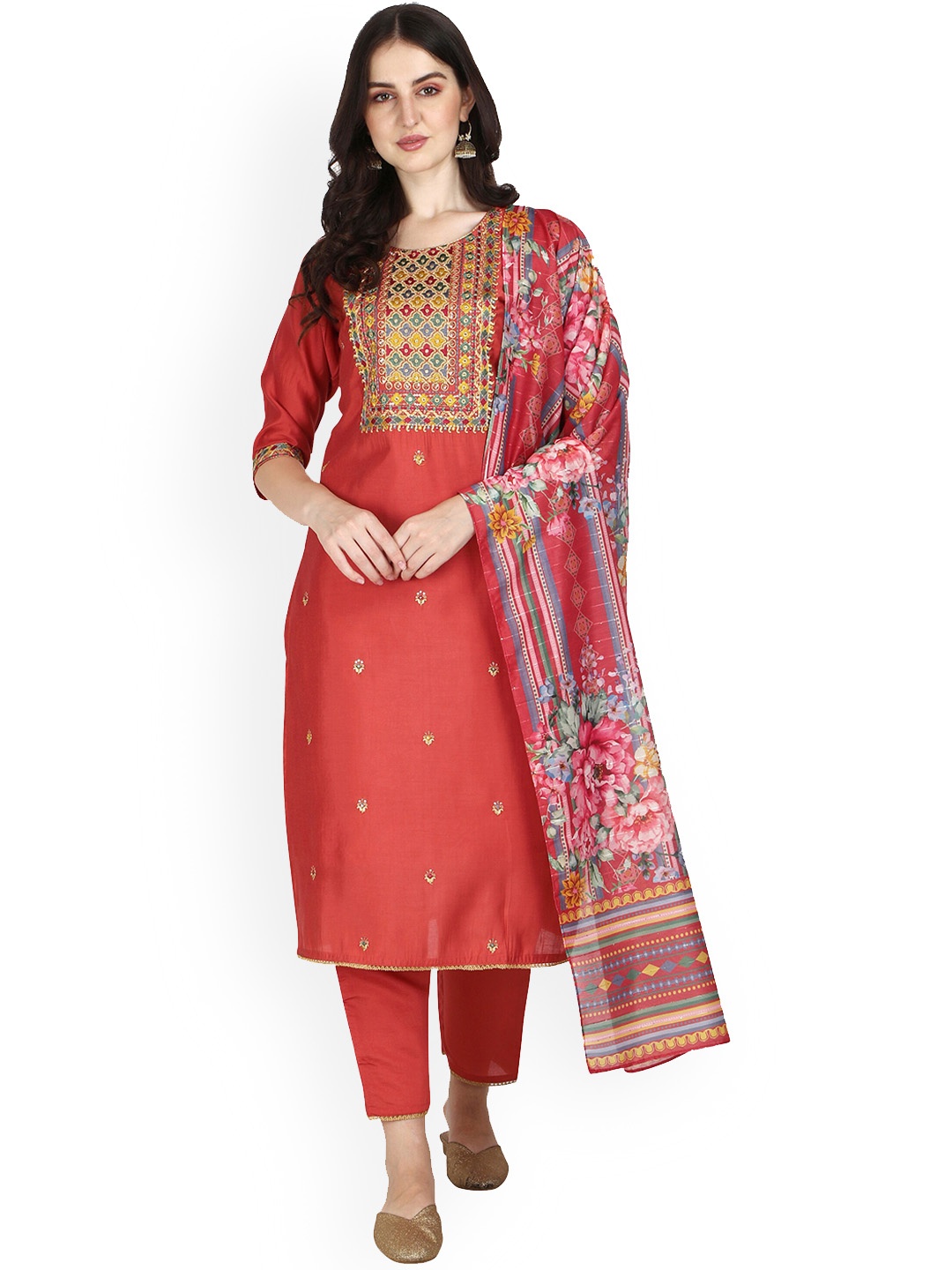 Berrylicious Women Rust Embroidered Chanderi Cotton Kurta with Trousers & With Dupatta
Berrylicious Women Rust Embroidered Chanderi Cotton Kurta with Trousers & With Dupatta