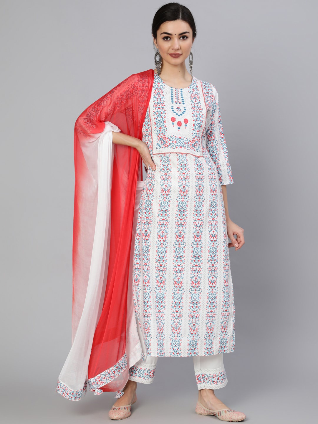 INDIE CLOSET Women Off White & Peach Printed Straight Kurta with Trousers & With Dupatta
INDIE CLOSET Women Off White & Peach Printed Straight Kurta with Trousers & With Dupatta