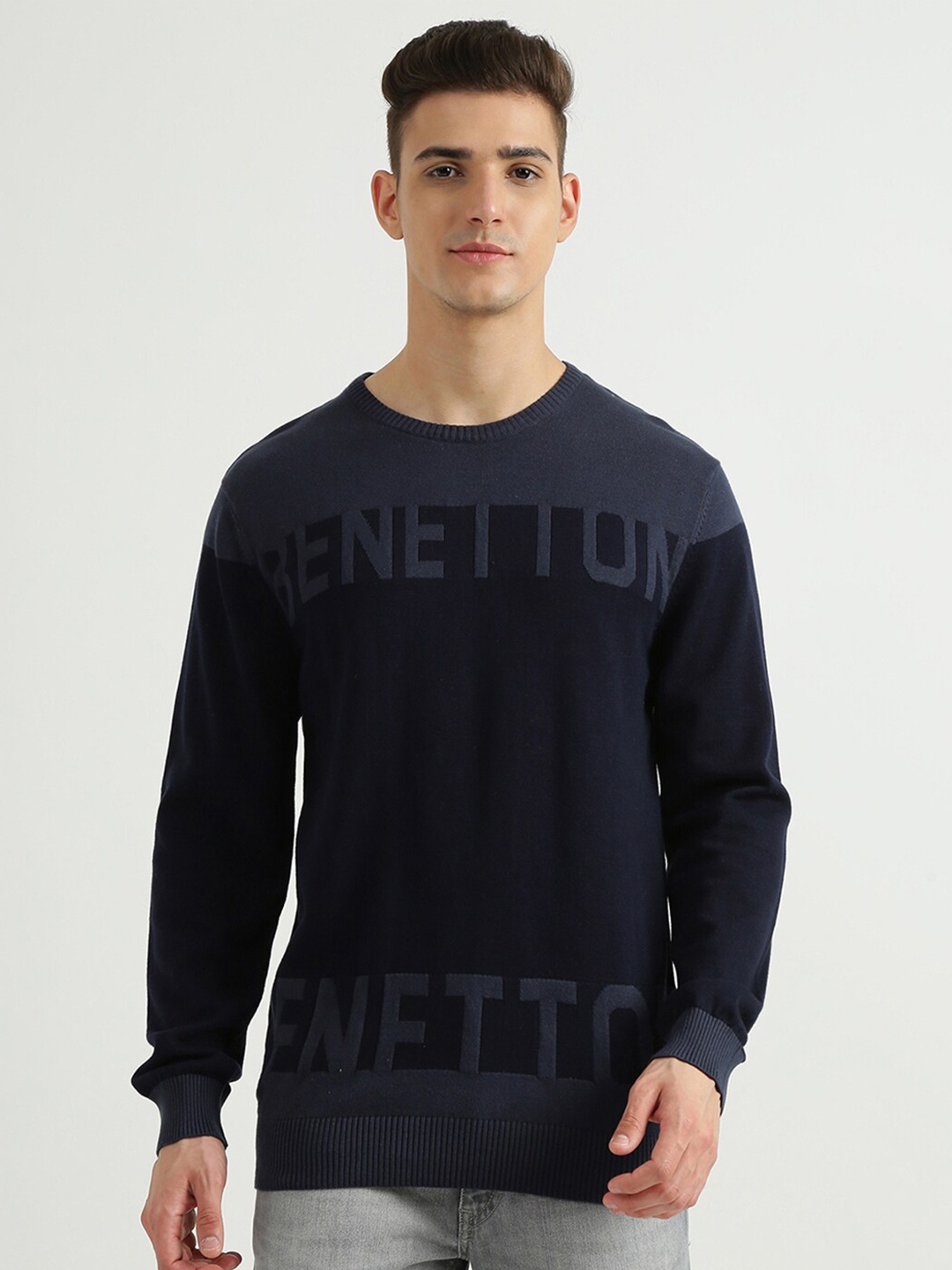 United Colors of Benetton Men Navy Blue & Grey Typography & Colourblocked Cotton Sweater
United Colors of Benetton Men Navy Blue & Grey Typography & Colourblocked Cotton Sweater