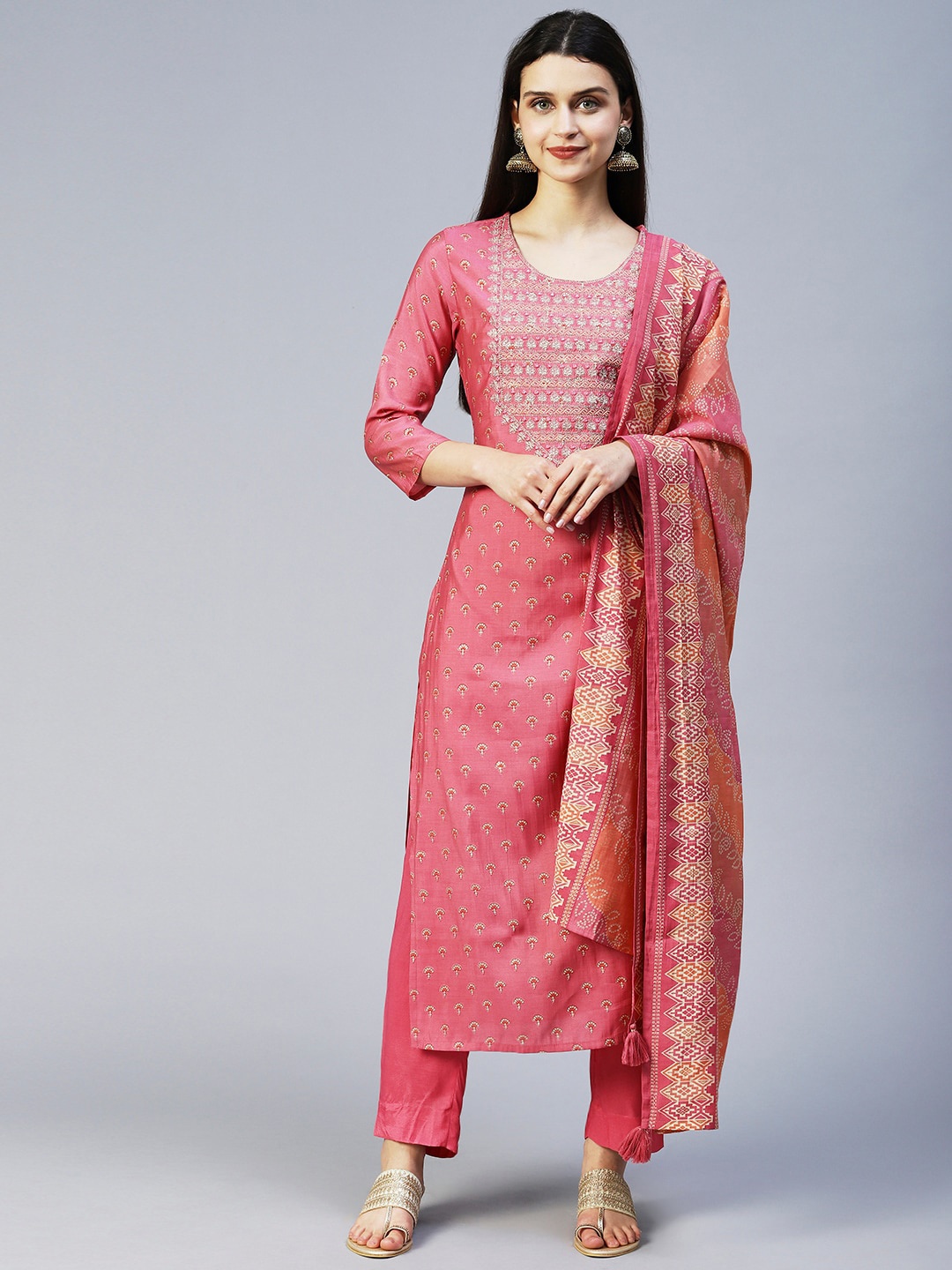 FASHOR Women Pink Ethnic Motifs Printed Kurta With Trousers & With Dupatta