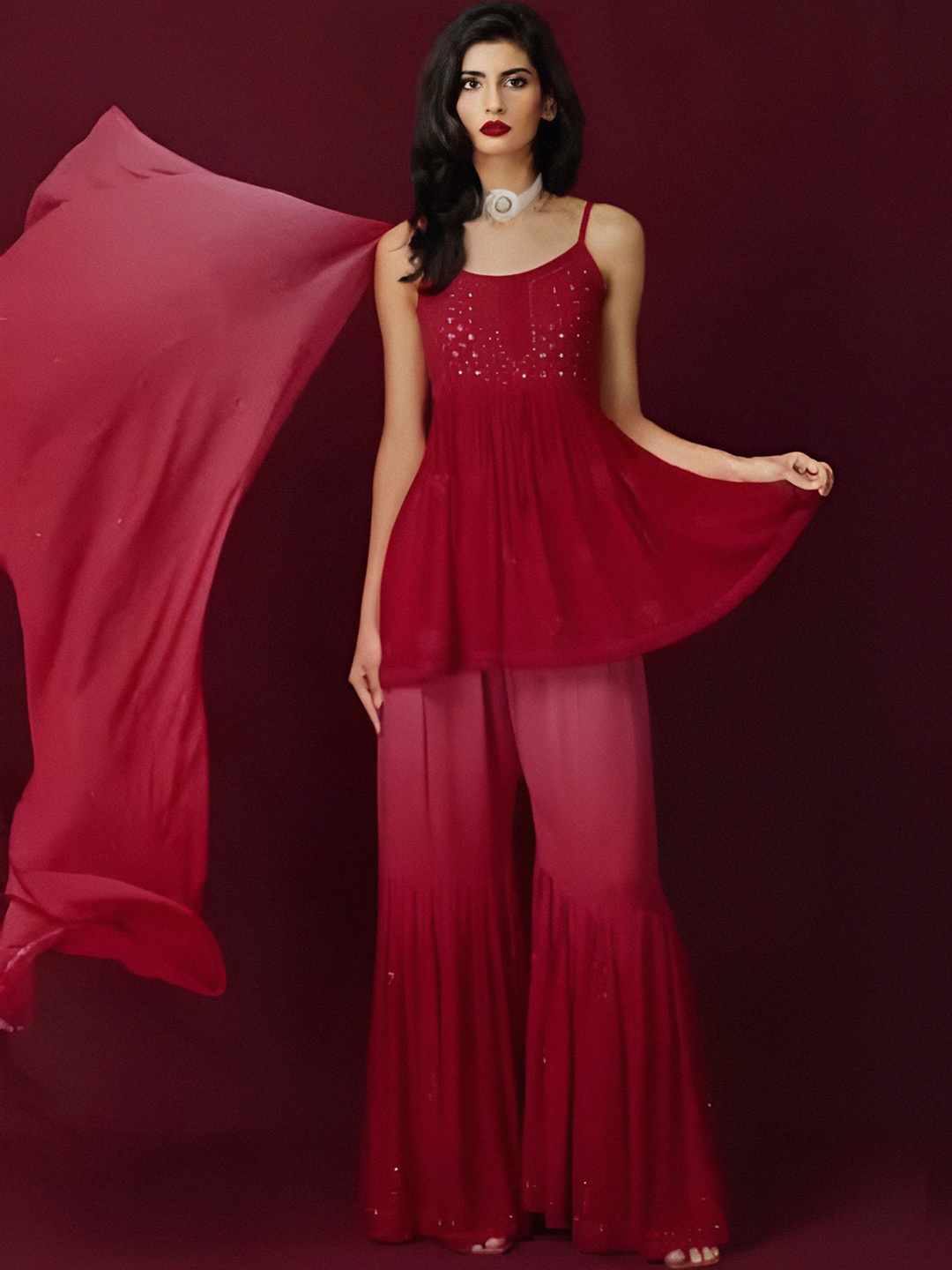 LABEL AISHWARYRIKA Women Red Ethnic Motifs Mirror Work Kurta with Sharara & Dupatta
LABEL AISHWARYRIKA Women Red Ethnic Motifs Mirror Work Kurta with Sharara & Dupatta