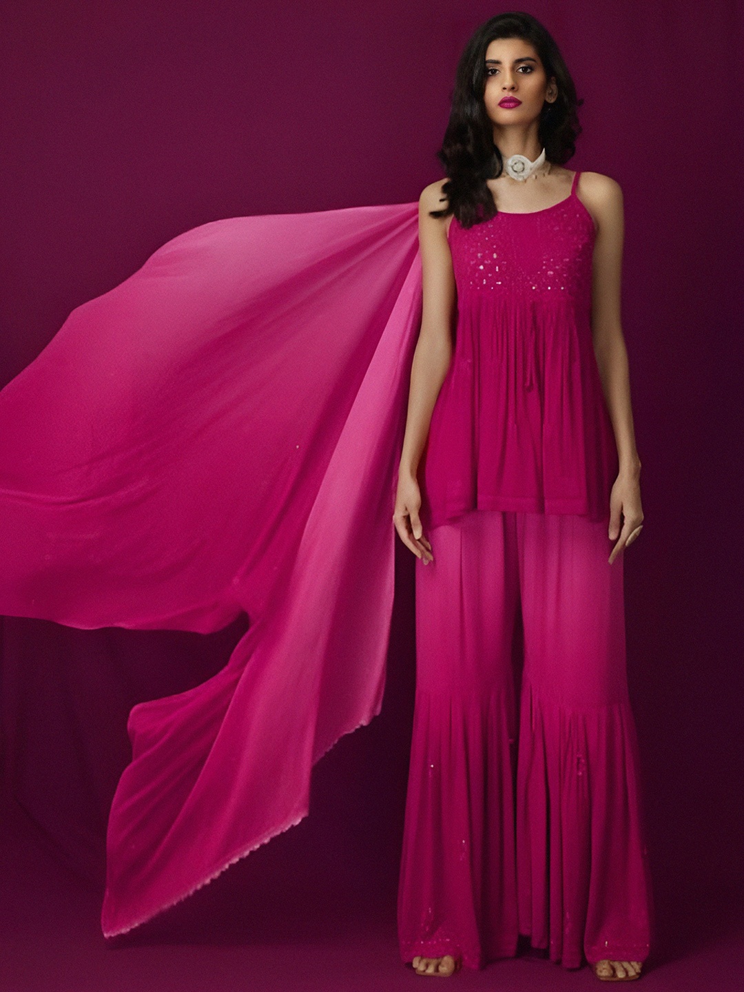 LABEL AISHWARYRIKA Women Pink Ethnic Motifs Embroidered Pleated Chikankari Silk Georgette Kurta with Sharara
LABEL AISHWARYRIKA Women Pink Ethnic Motifs Embroidered Pleated Chikankari Silk Georgette Kurta with Sharara