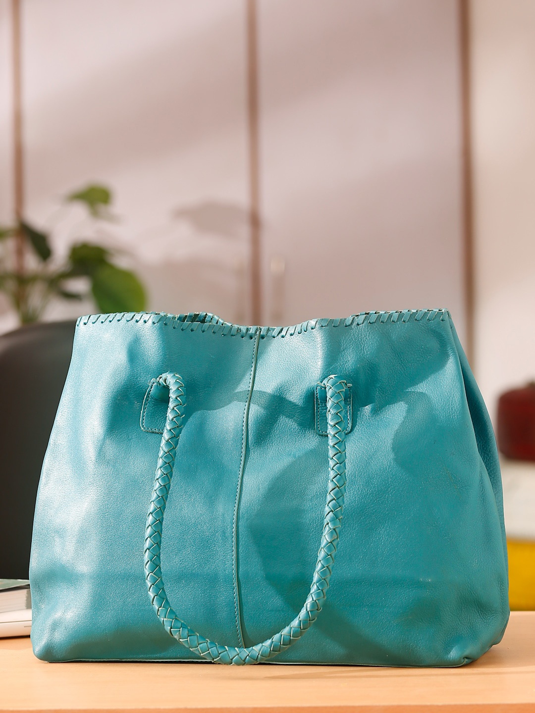 Suvaska Teal Leather Oversized Structured Handheld Bag