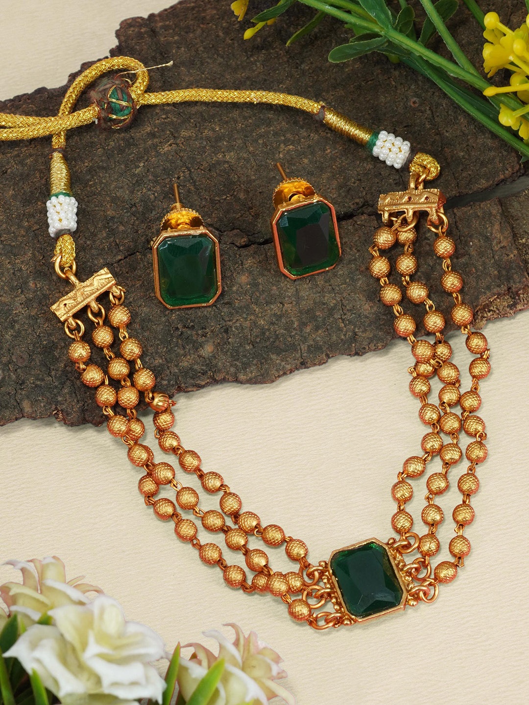 GRIIHAM Gold-plated & Green CZ Studded Jewellery Set