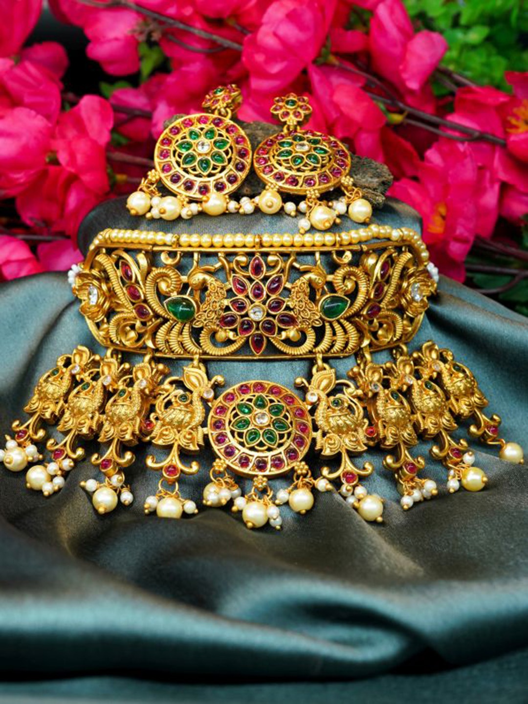 GRIIHAM Gold & White CZ Studded Gold Plated Pearl Beaded Jewellery Set