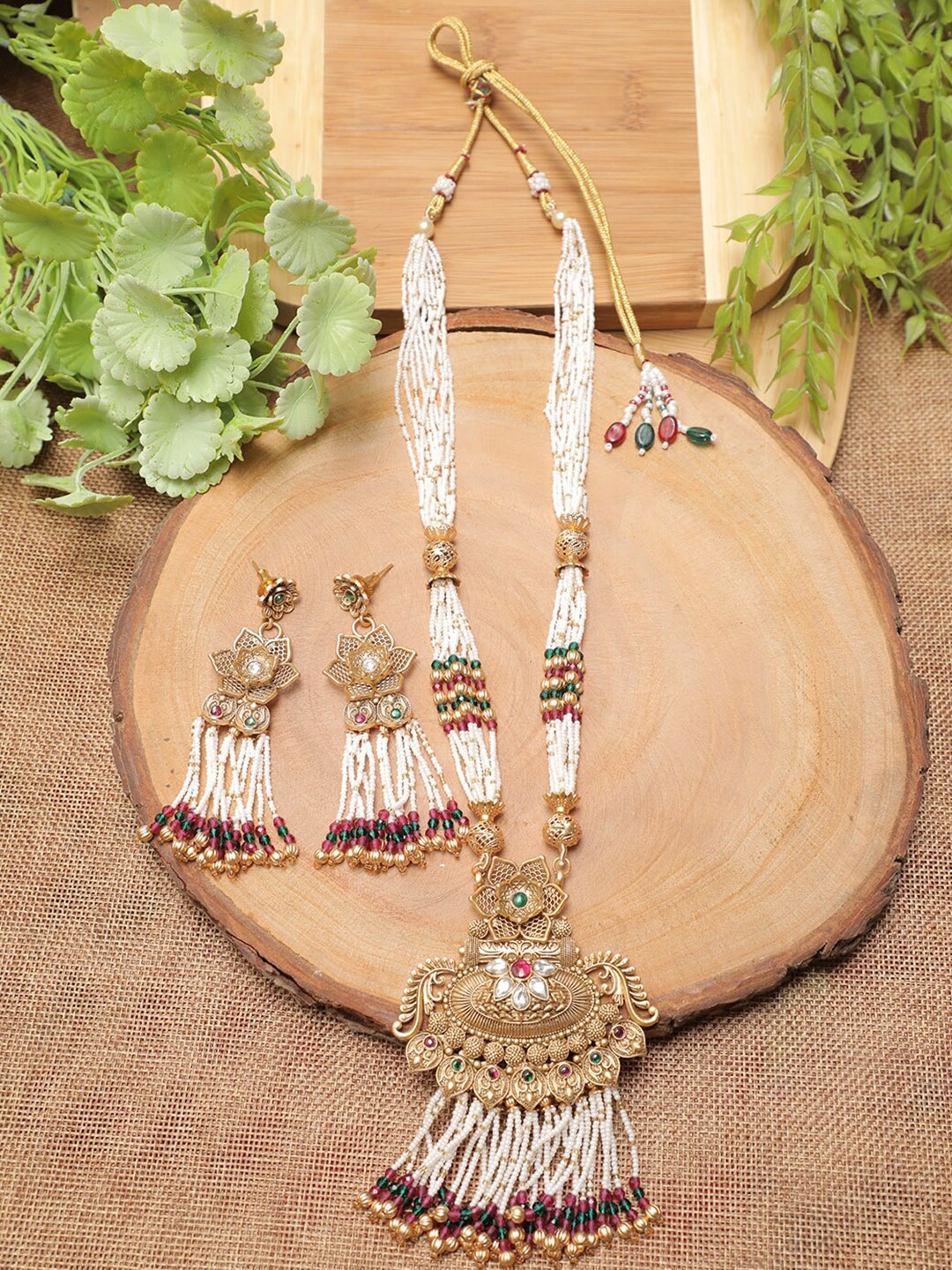 Swarajshop Gold-Plated & White Pearl Studded Jewellery Set