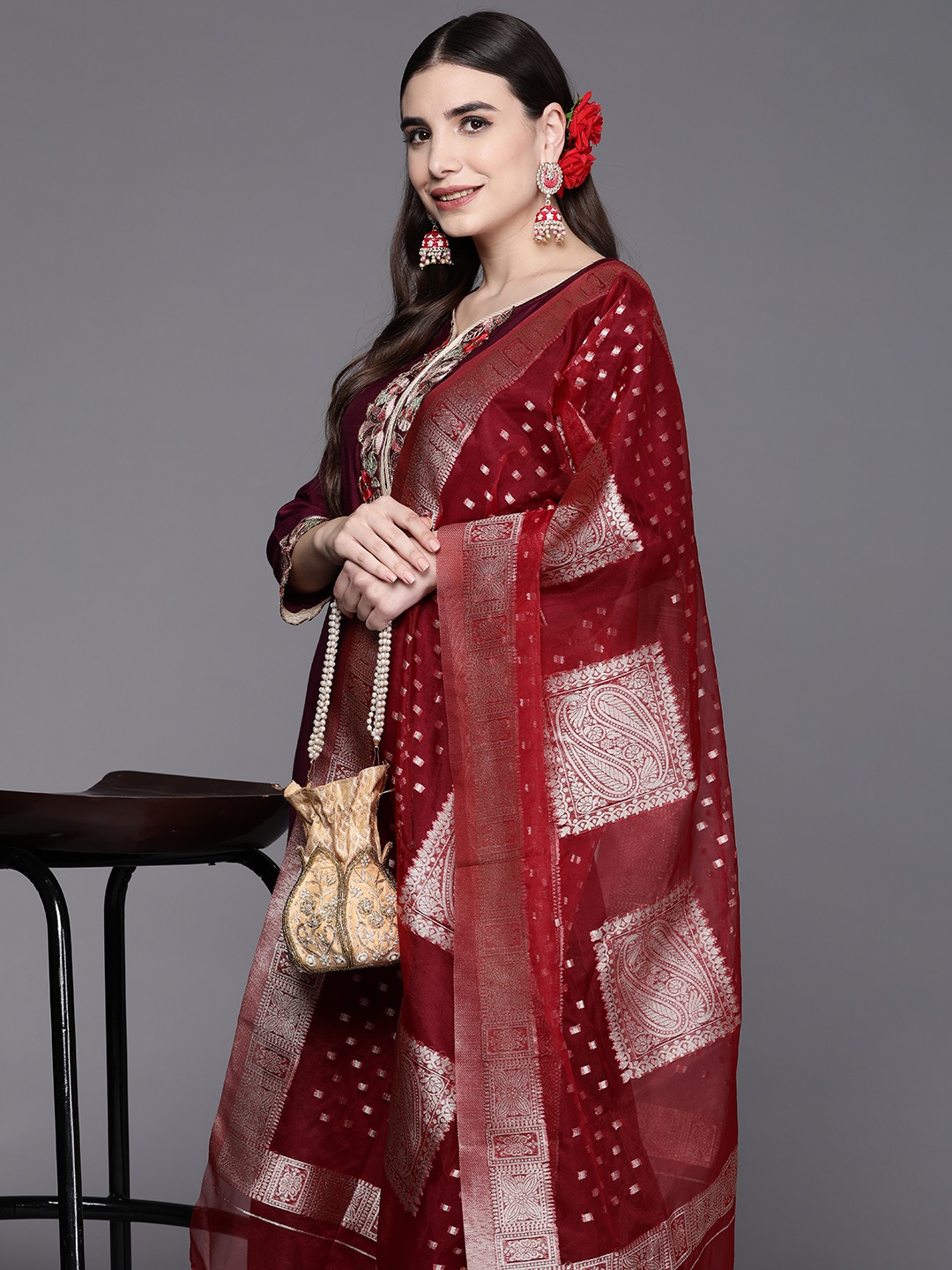 Indo Era Women Burgundy Ethnic Motifs Embroidered Liva Kurta with Trousers & Dupatta
Indo Era Women Burgundy Ethnic Motifs Embroidered Liva Kurta with Trousers & Dupatta