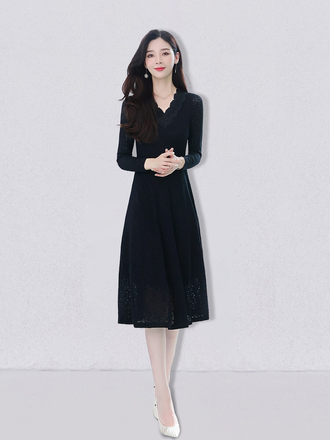 JC Collection Black A-Line Midi Dress