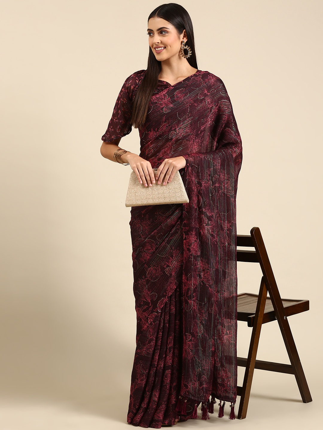 Mitera Maroon Floral Beads & Stones Pure Georgette Saree