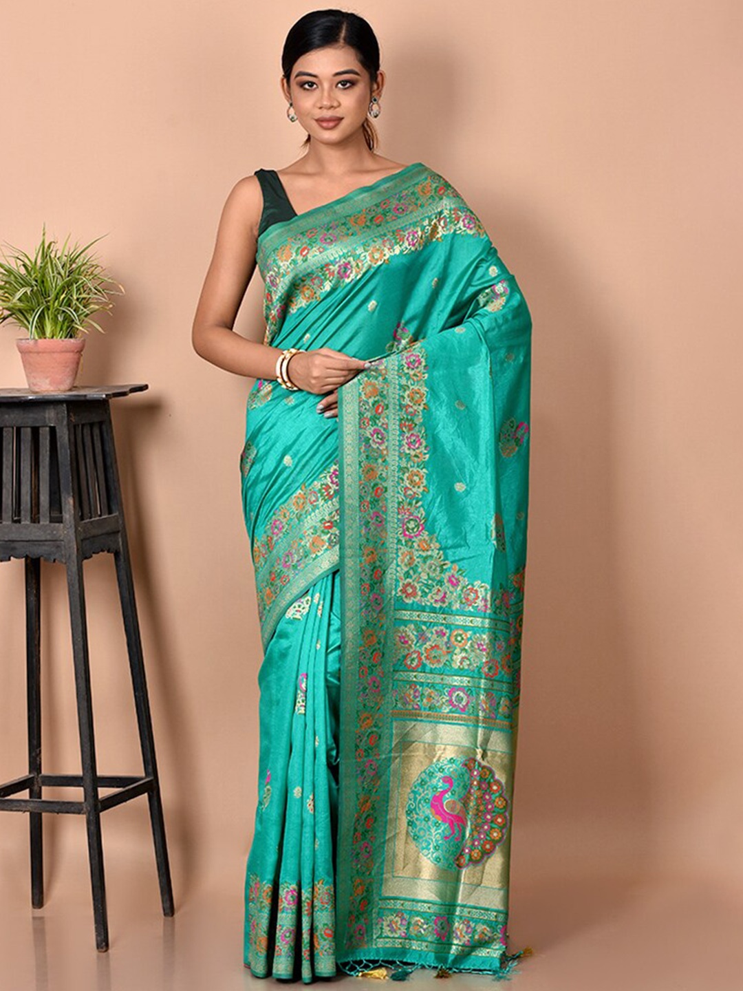 AllSilks Green & Orange Woven Design Zari Silk Blend Saree