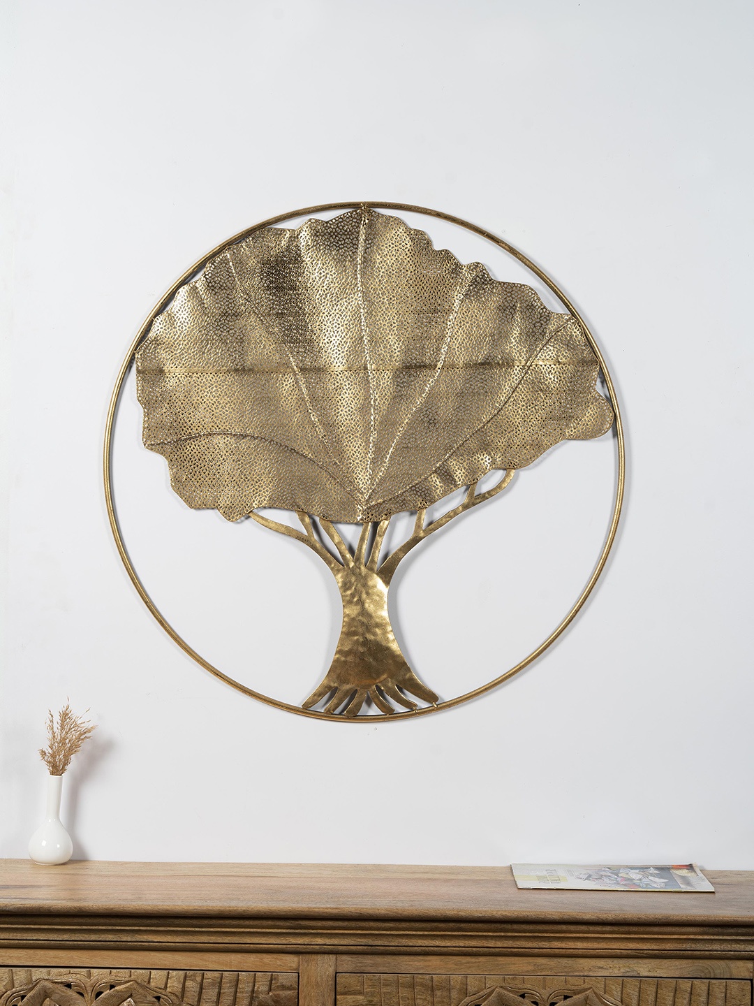 vedas Gold-Toned Textured W-Anand Leaf Table Hanging Wall Decor