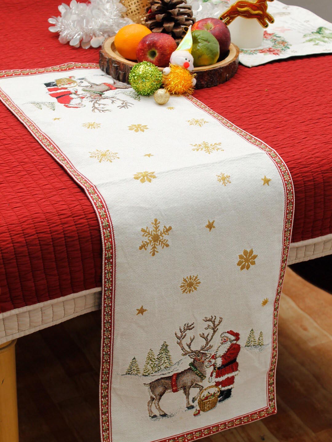 AVI Living White & Red Jaquard Woven Table Runner