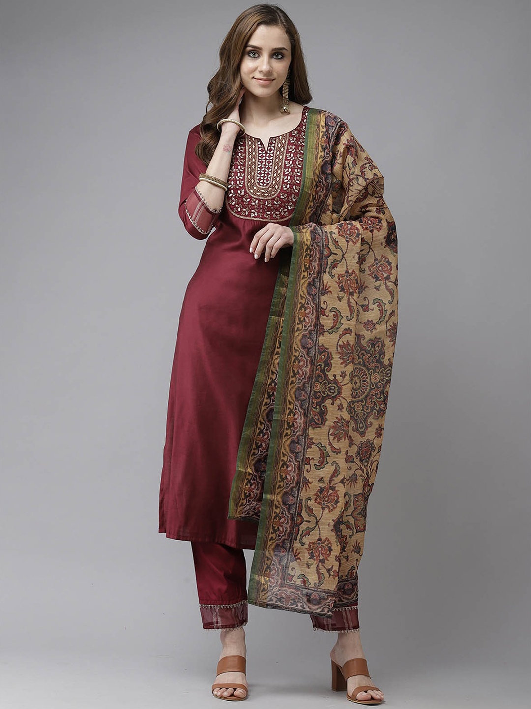 ODETTE Women Maroon Floral Yoke Design Thread Work Kurta with Trousers & With Dupatta