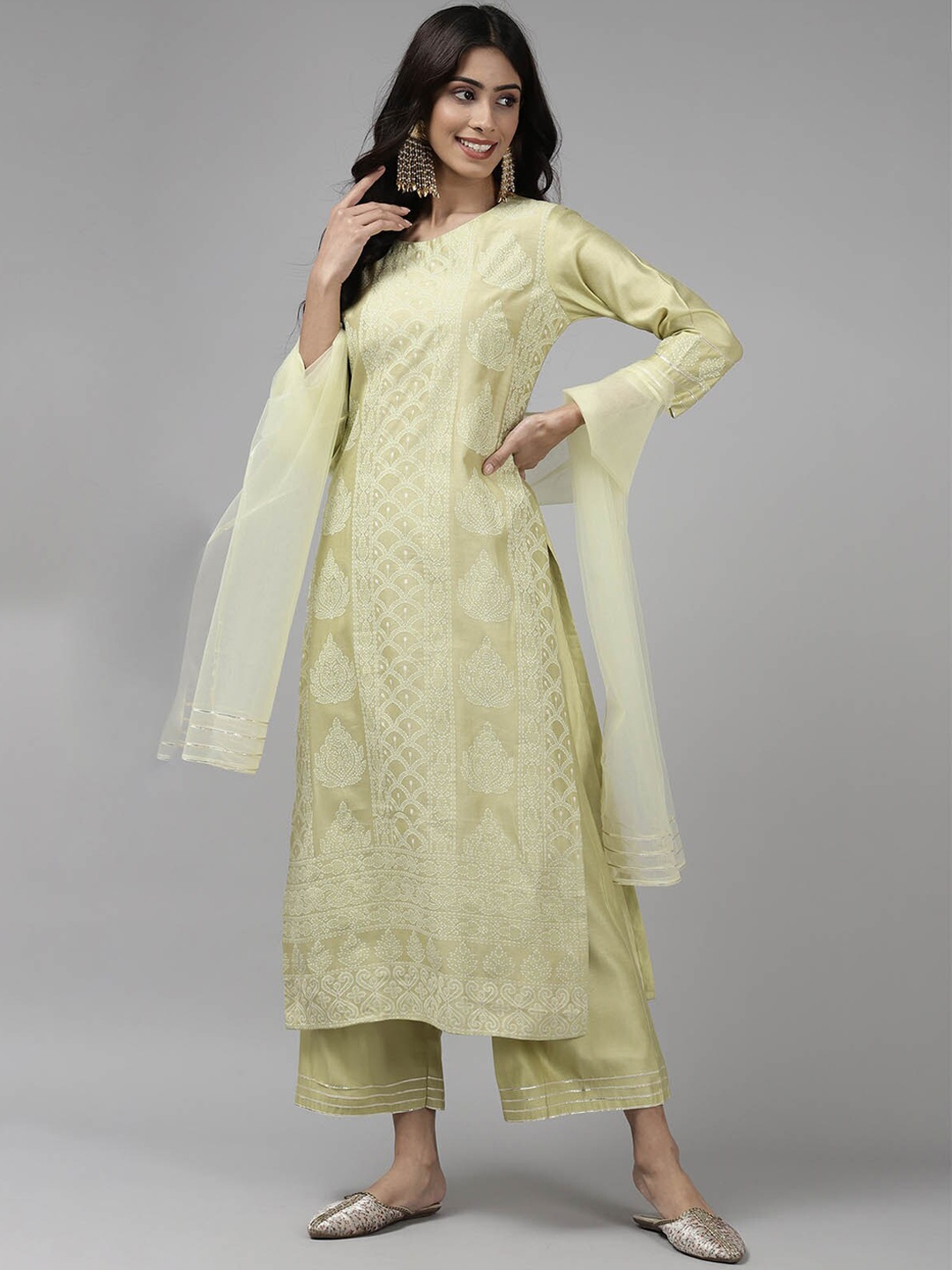 ODETTE Women Lime Green Ethnic Motifs Printed Chikankari Kurta with Sharara & With Dupatta
ODETTE Women Lime Green Ethnic Motifs Printed Chikankari Kurta with Sharara & With Dupatta