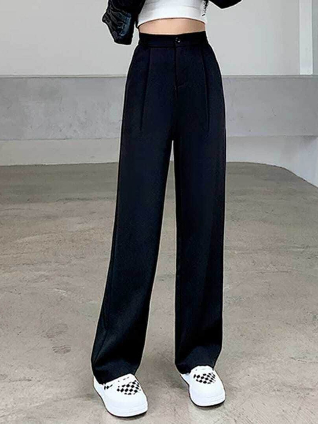 BROADSTAR Women Black Relaxed Straight Leg Loose Fit High-Rise Easy Wash Trousers