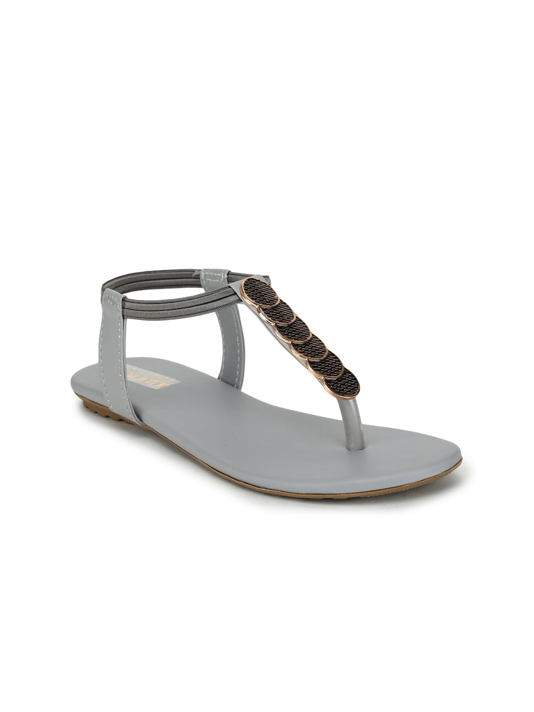 Moonwalk Women Grey Embellished T-Strap Flats