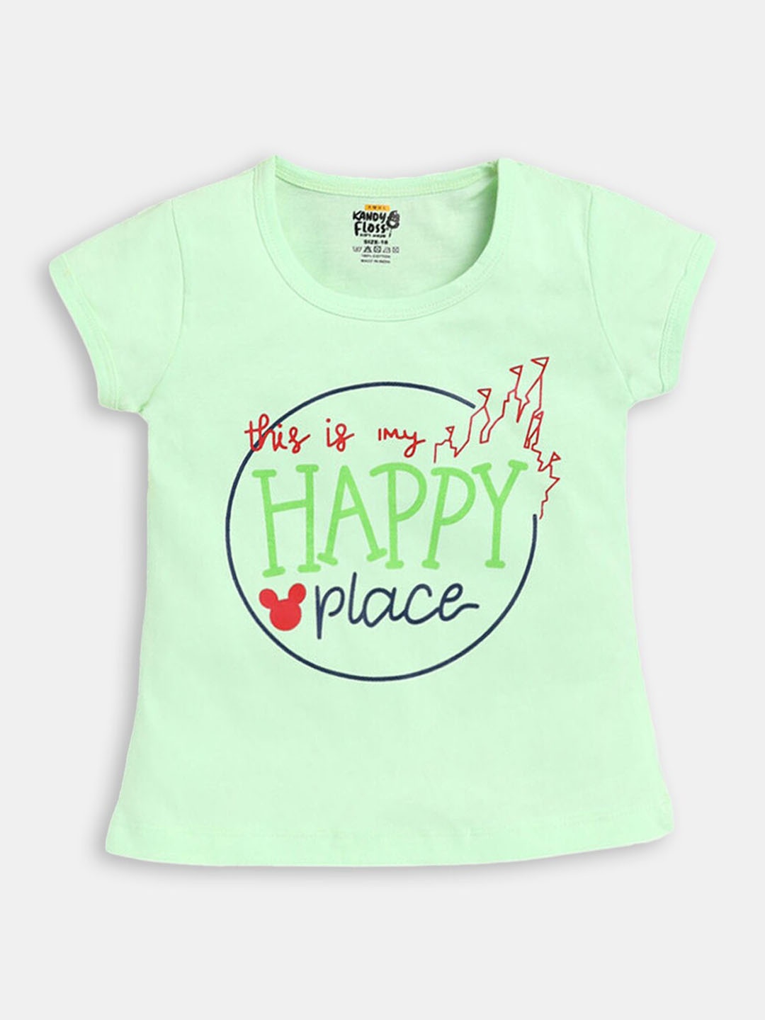 Hopscotch Girls Green Typography Printed Cotton T-shirt