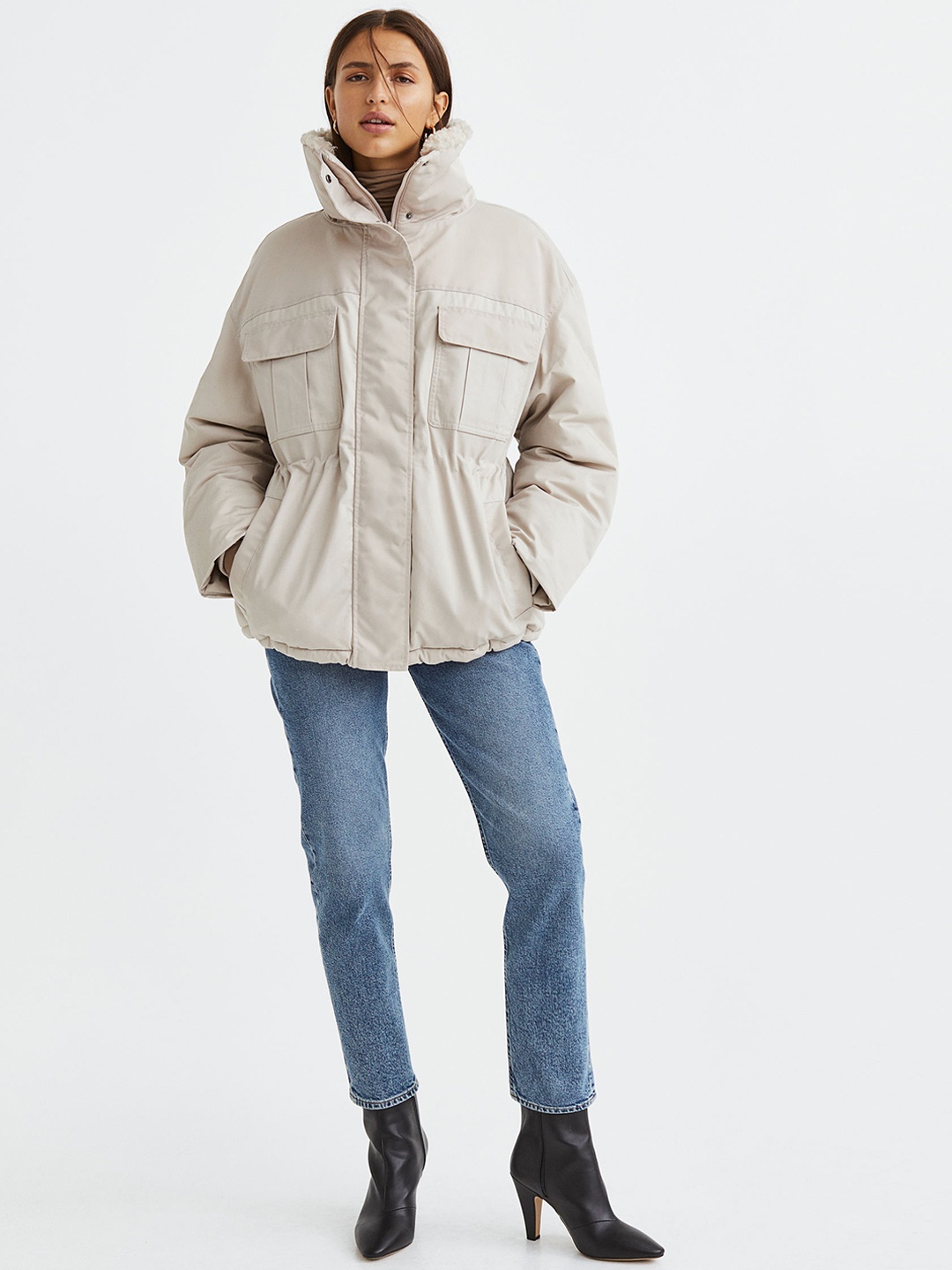 H&M Women Beige Oversized Puffer Jacket
