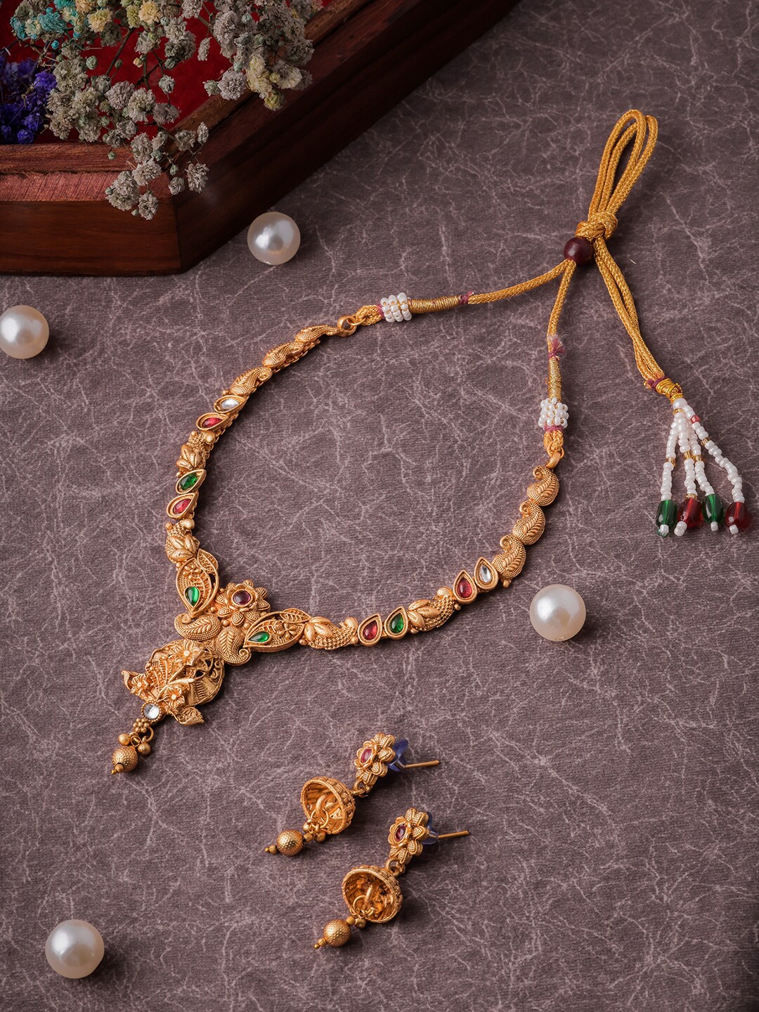 Brandsoon Gold-Plated White & Green Stone-Studded & Pearl Beaded Temple Jewellery Set
Brandsoon Gold-Plated White & Green Stone-Studded & Pearl Beaded Temple Jewellery Set
