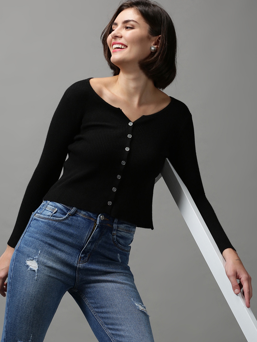 SHOWOFF Women Black Open Front Cardigan