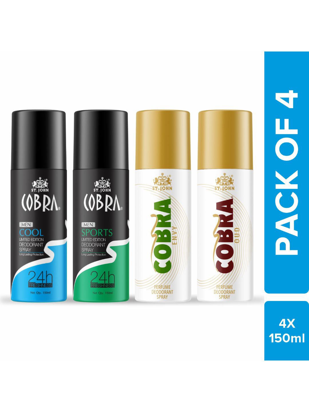 St. John Set Of 4 Deodorant Spray - Cobra Deo Cool, Sports,Envy & Oud , 150ml Each, Multi
St. John Set Of 4 Deodorant Spray - Cobra Deo Cool, Sports,Envy & Oud , 150ml Each, Multi