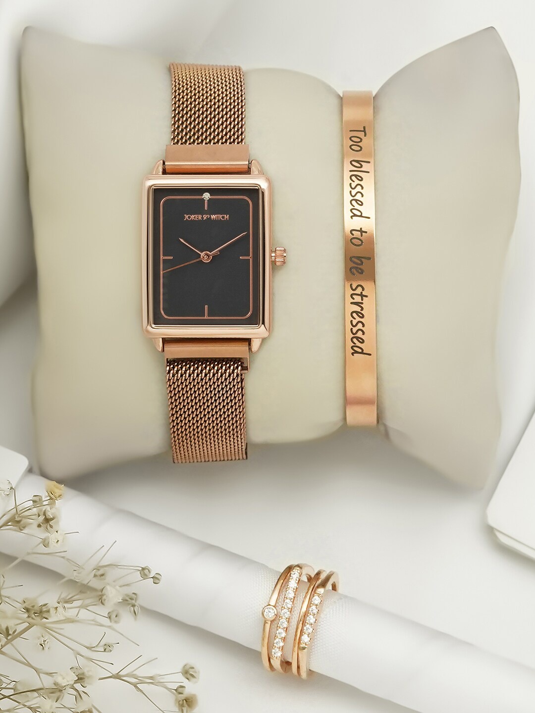 JOKER & WITCH Women Rose Gold Toned Bracelet Style Straps Watch With Bracelet & Ring
JOKER & WITCH Women Rose Gold Toned Bracelet Style Straps Watch With Bracelet & Ring