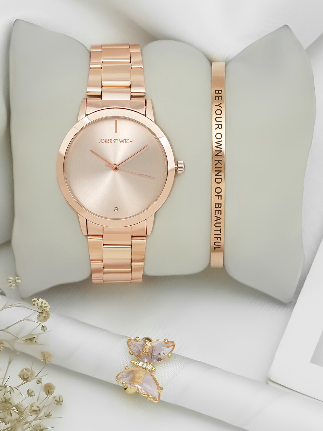 JOKER & WITCH Women Rose Gold-Toned Dial Analogue Watch With Bracelet & Ring - JWLT656
JOKER & WITCH Women Rose Gold-Toned Dial Analogue Watch With Bracelet & Ring - JWLT656