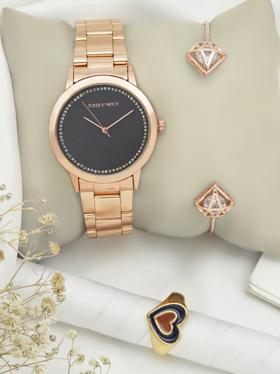 JOKER & WITCH Women Black Patterned Dial & Rose Gold Toned Watch With Bracelet & Ring- JWL
JOKER & WITCH Women Black Patterned Dial & Rose Gold Toned Watch With Bracelet & Ring- JWL