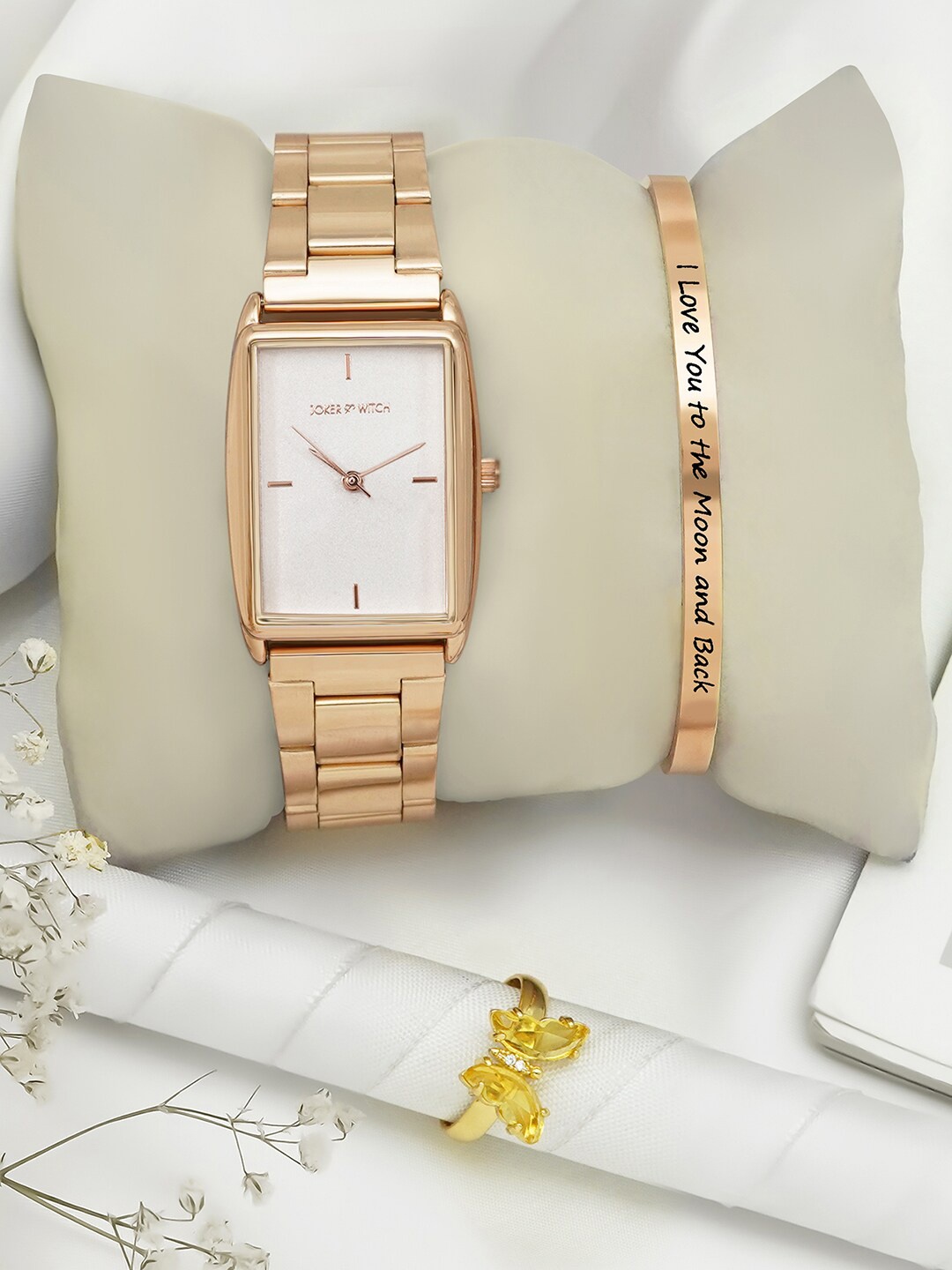 JOKER & WITCH Women White Dial & Rose Gold Toned Watch With Bracelet & Ring- JWLT679
JOKER & WITCH Women White Dial & Rose Gold Toned Watch With Bracelet & Ring- JWLT679