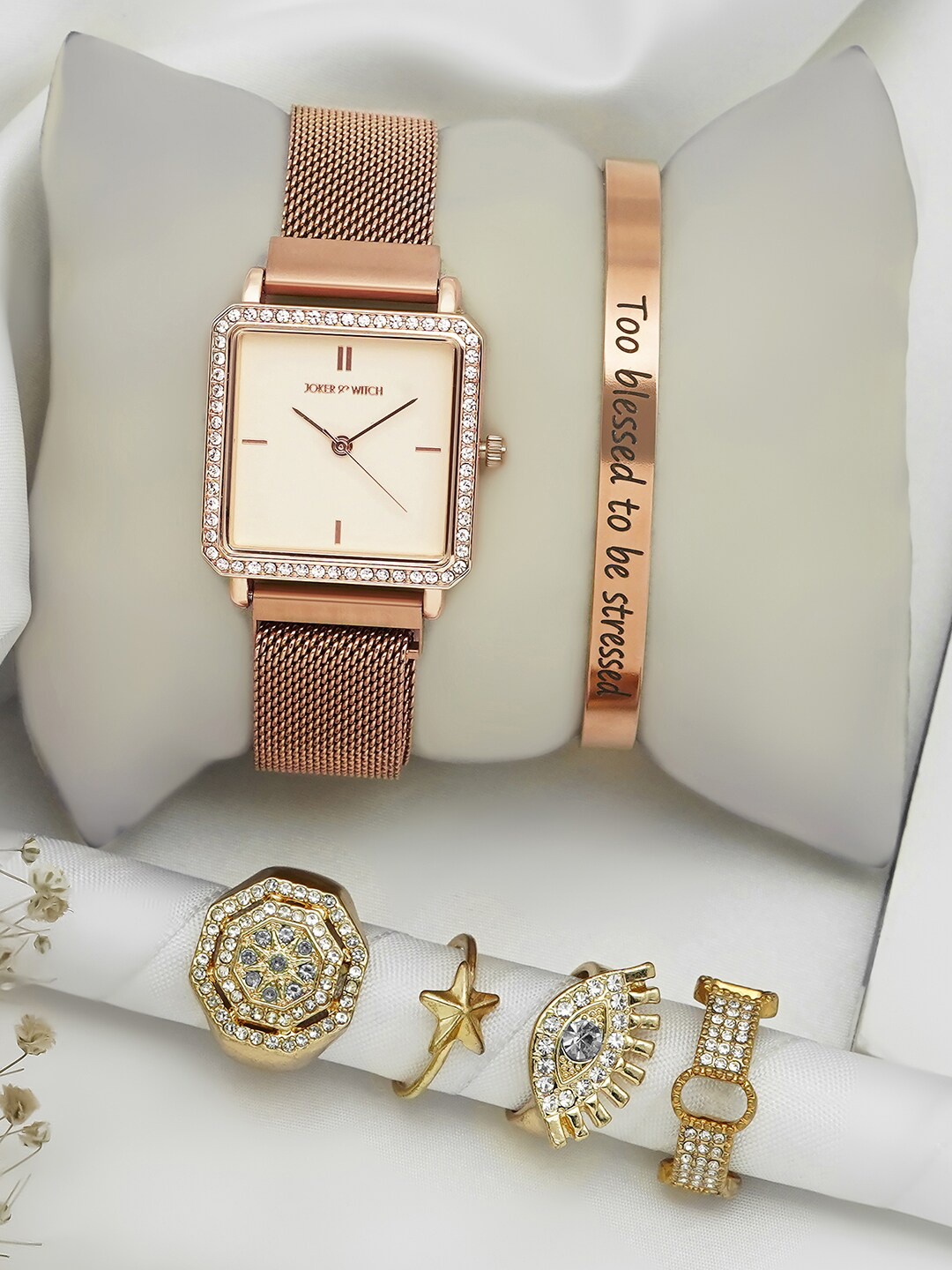 JOKER & WITCH Women Embellished Dial & Bracelet Style Straps Watch Gift Set JWLT667, Rose gold
JOKER & WITCH Women Embellished Dial & Bracelet Style Straps Watch Gift Set JWLT667, Rose gold