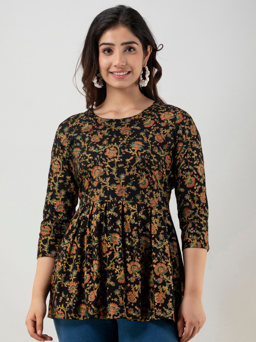 FASHION DEPTH Black Floral Print Lace Peplum Top