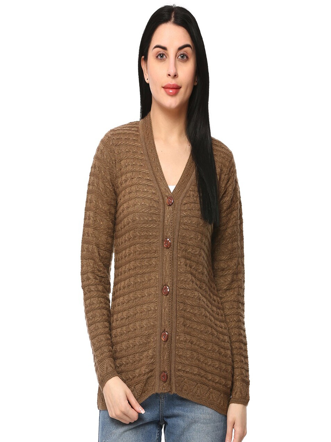 GLAMAZE Women Brown Cable Knit Cardigan