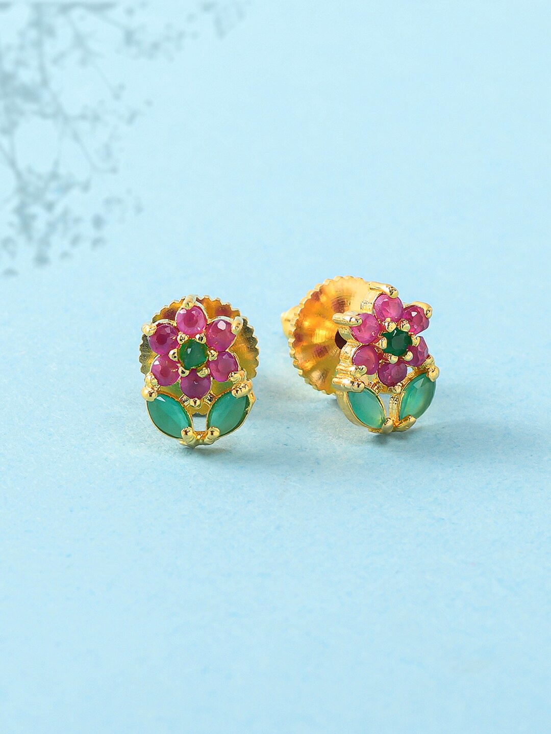 Voylla Women Gold Plated Purple & Green Floral Studs Earrings