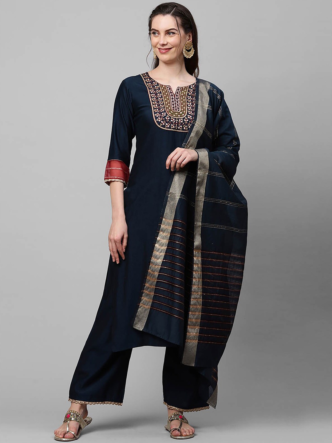 ODETTE Women Navy Blue Embroidered Thread Work Liva Kurta with Palazzos & With Dupatta
ODETTE Women Navy Blue Embroidered Thread Work Liva Kurta with Palazzos & With Dupatta