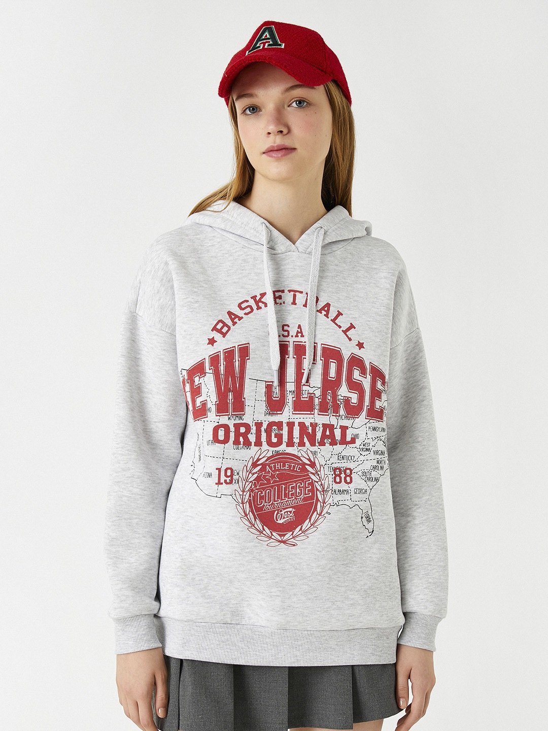 Koton Women Grey Melange & Maroon Printed Hooded Sweatshirt