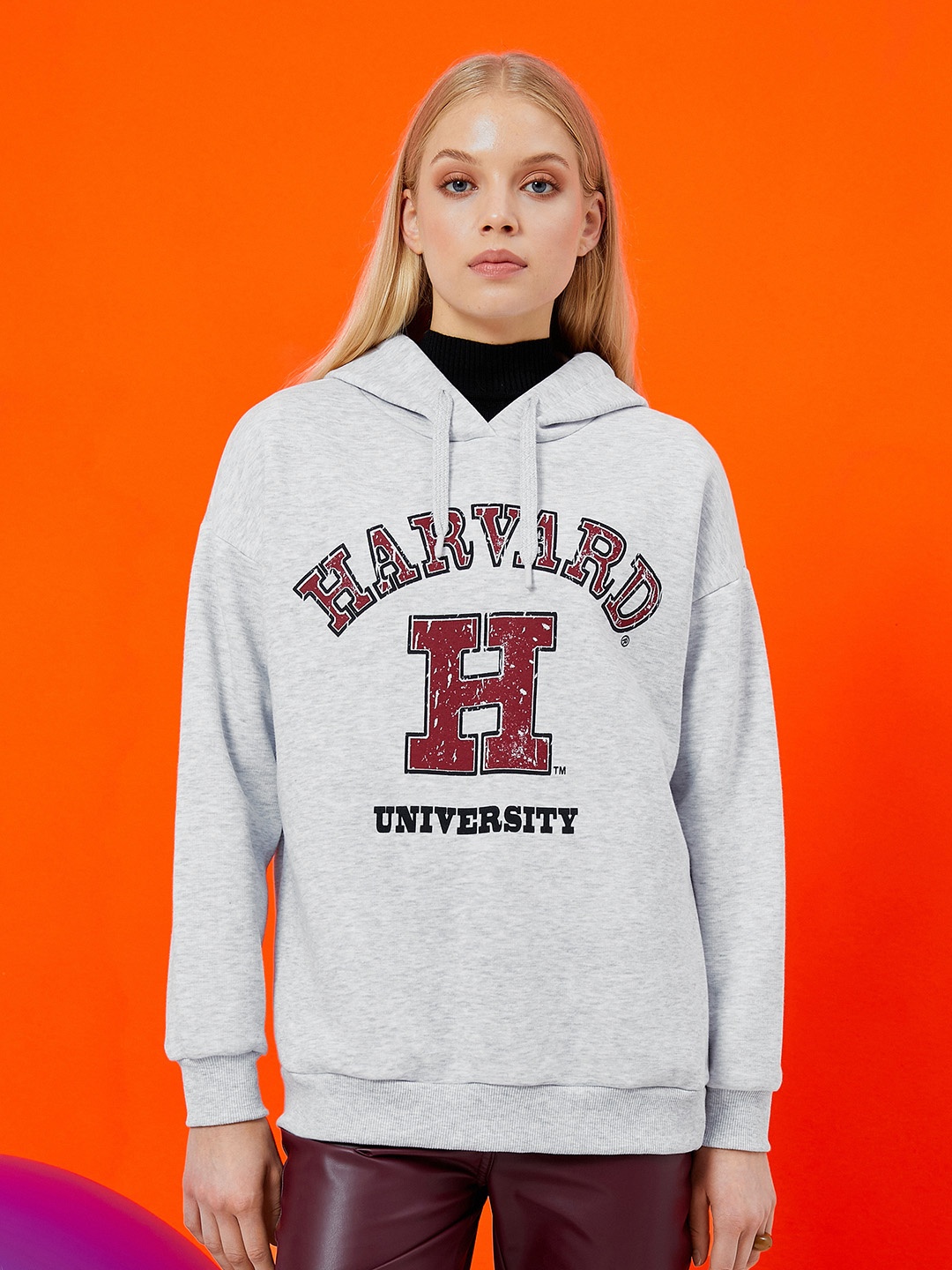 Koton Women Printed Oversized Sweatshirt, Grey melange