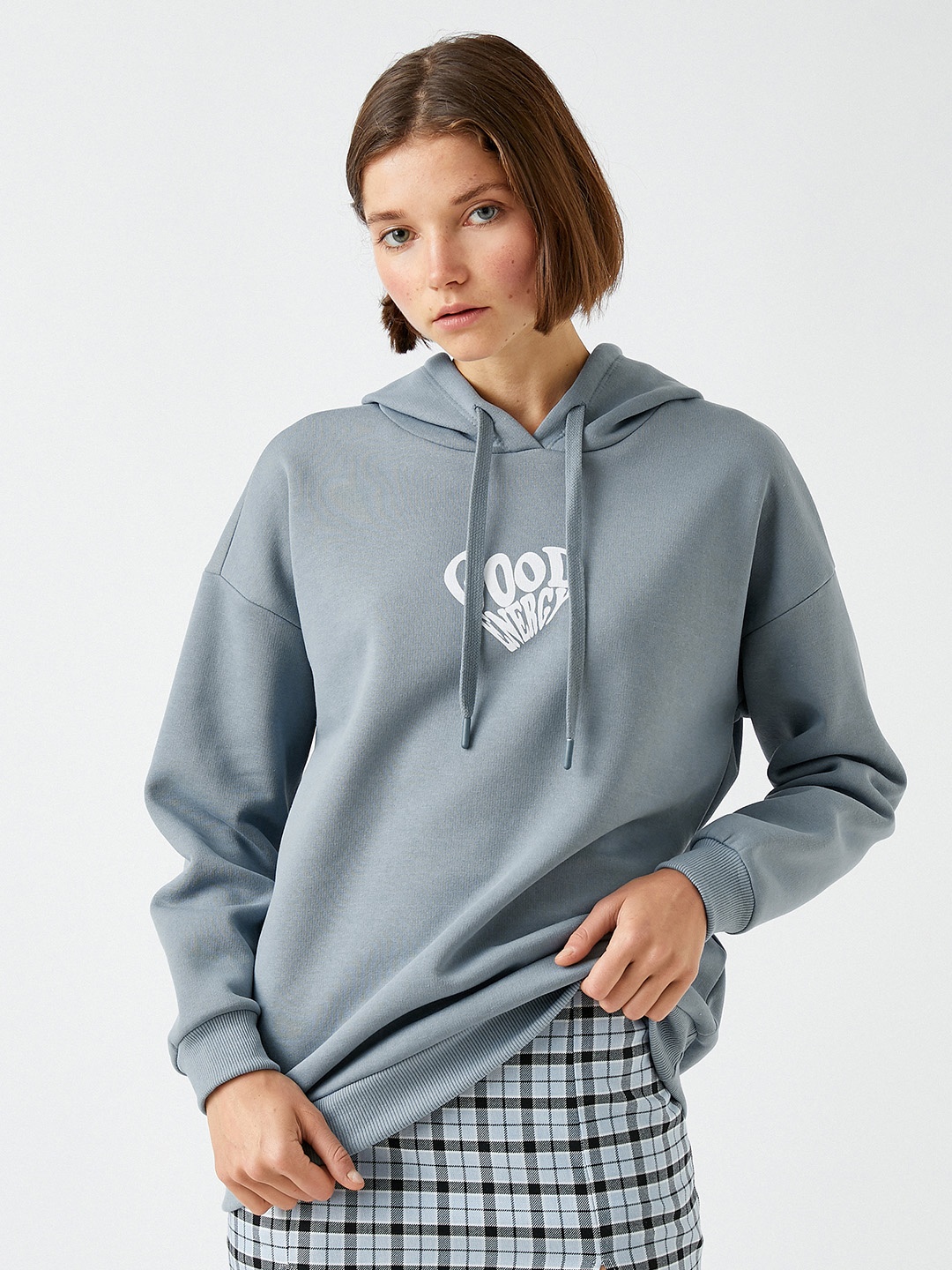 Koton Women Blue & White Printed Hooded Sweatshirt