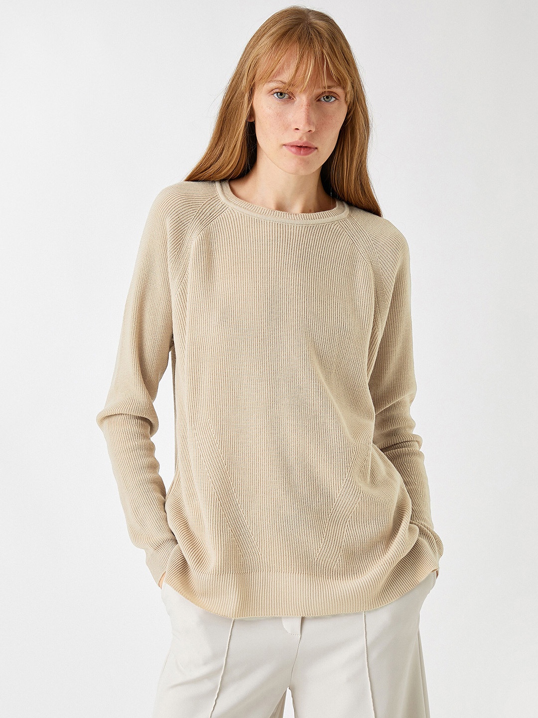 Koton Women Beige Solid Longline Pullover
