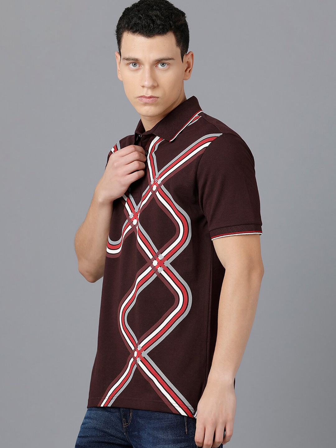 Classic Polo Men Brown Printed Polo Collar Slim Fit Cotton T-shirt