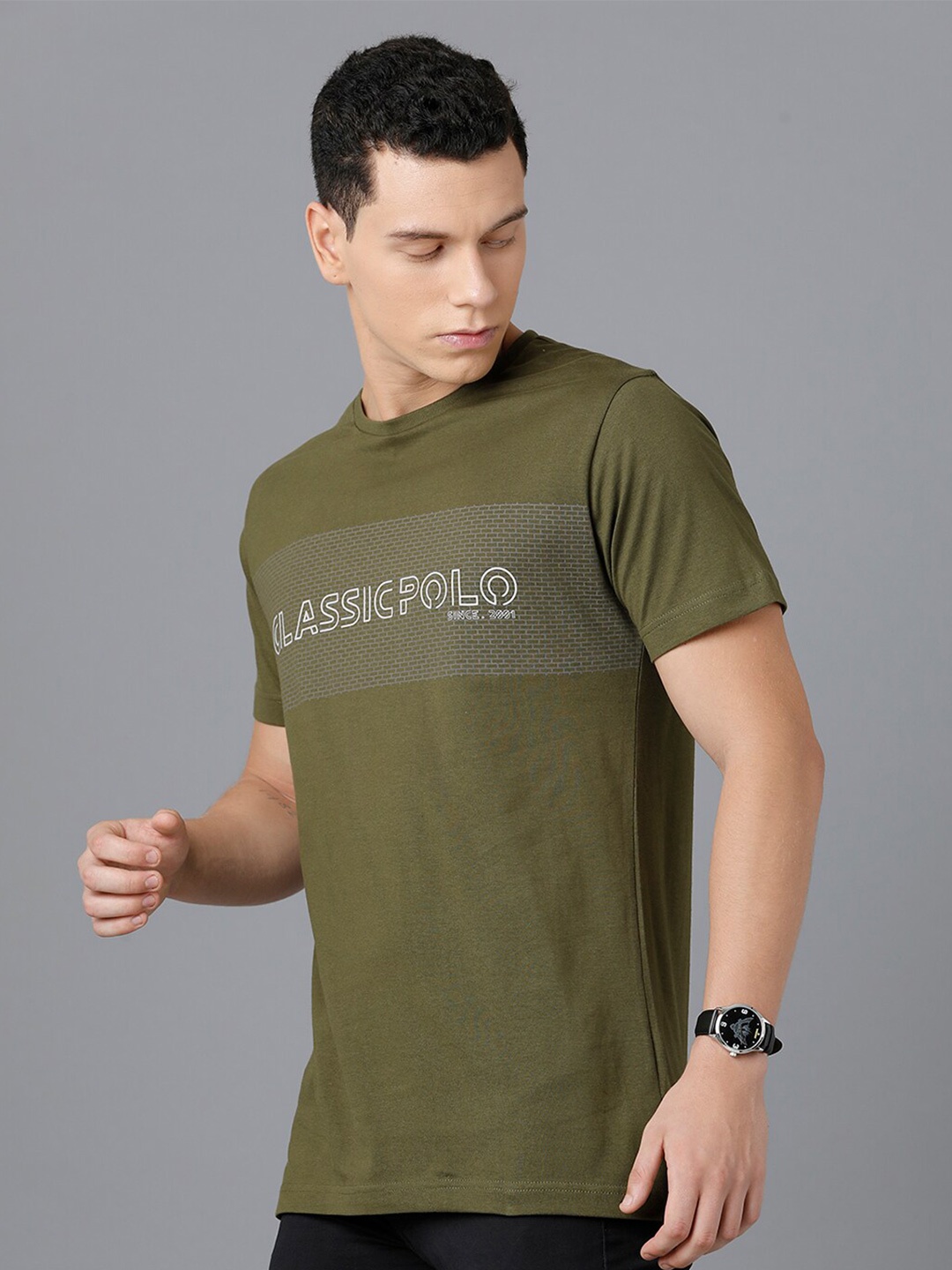 Classic Polo Men Olive Green Typography Printed Slim Fit Cotton T-shirt