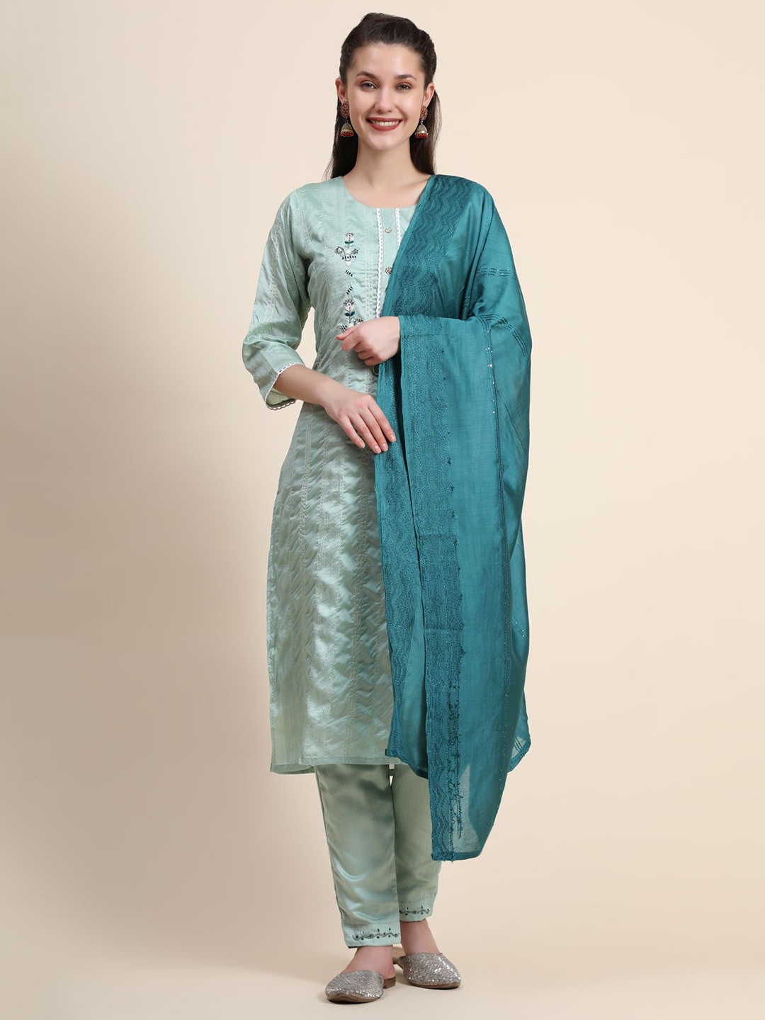 KALINI Women Sea Green Floral Embroidered Thread Work Pure Cotton Kurta with Trousers
KALINI Women Sea Green Floral Embroidered Thread Work Pure Cotton Kurta with Trousers